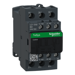 LC1D32BD – IEC contactor, TeSys Deca, nonreversing, 32A, 20HP at 480VAC, up to 100kA SCCR, 3 phase, 3 NO, 24VDC coil, open style