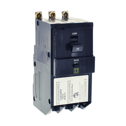 QOB330EPE – Mini circuit breaker, QO, 30A, 3 pole, 240VAC, 10kA, bolt on, 100mA grd fault B