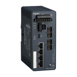 MCSESM063F2CS0 – network switch, Modicon Networking, managed, 4 ports for copper with 2 port for fiber optic, singlemode