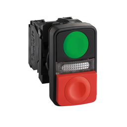 XB5AW73731G5 – Illuminated double headed push button, Harmony XB5, plastic, 22mm, 1 green flush I   1 pilot light   1 red projecting O, 120V AC DC, 1NO   1NC