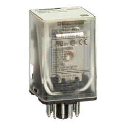 8501KPR13P14V14 – Plug in relay, Type KP, tubular, 1 HP at 277 VAC, 10A resistive at 120 VAC, 11 pin, 3PDT, 3 NO, 3 NC, 24 VAC coil, light