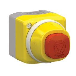 XALK84W3BE – Complete control station, Harmony XALD, XALK, plastic, yellow lid, 1 illuminated emergency stop, white red fixed, turn to release, 1NO 1NC, 24V AC DC