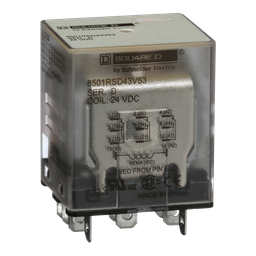 8501RSD43V53 – Plug in relay, Type R, miniature, 1 HP at 277 VAC, 15A resistive at 120 VAC, 11 blade, 3PDT, 3 NO, 3 NC, 24 VDC coil