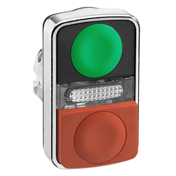 ZB4BW7L3740 – Illuminated double headed push button head, Harmony XB4, metal, 22mm, 1 green flush   1 pilot light   1 red projecting, unmarked