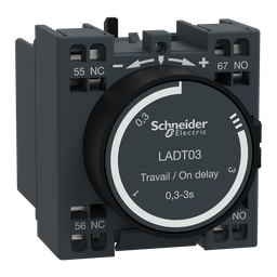 LADT03 – Time delay auxiliary contact block, TeSys Deca, 1NO   1NC, on delay 0.3-3s, front, spring terminals