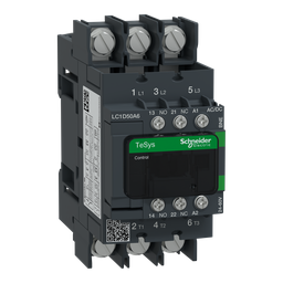 LC1D50A6BNE – IEC contactor, TeSys Deca Green, nonreversing, 50A, 40HP at 480VAC, 3 phase, 3 pole, 3 NO, 24/60VAC/VDC coil, open style