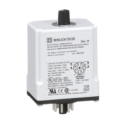 9050JCK15V20 – Timing Relay, Type JCK, plug In, on delay, adjustable time, 1.8 to 180 seconds, 10A, 240 VAC, 120 VAC/110 VDC
