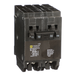 HOMT1515215 – Tandem circuit breaker, Homeline, 2 x 1 pole at 15A, 1 x 2 pole at 15A, 120/240VAC, 10kA AIR, plug in, UL