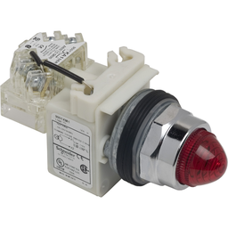 9001KT1R9 – 30mm push button, Type K, push to test pilot light, transformer light module, 120VAC 60Hz, red domed lens, NEMA 4, 13