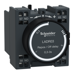 LADR03 – Time delay auxiliary contact block, TeSys Deca, 1NO   1NC, off delay 0.3-3s, front, spring terminals