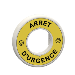 ZBY9W2B130 – Illuminated marked legend ring, Harmony XB5, 60mm, plastic, yellow, red fixed integral LED, marked ARRET D’URGENCE, 24V AC DC