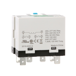 725BXXBM4L-24D – Power relay, SE Relays, 25A, 2NO, 24VDC, LED, flag indicator, locking push button, blade terminal, plug-in socket mount