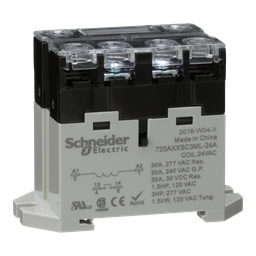 725AXXSC3ML-24A – Power relay, SE Relays, 30A, 1NO, 24VAC, LED push button, screw terminals, DIN or panel mount