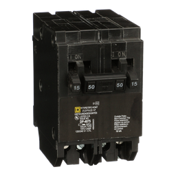 HOMT1515250 – Tandem circuit breaker, Homeline, 2 x 1 pole at 15A, 1 x 2 pole at 50A, 120/240VAC, 10kA AIR, plug in, UL