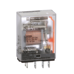 8501RS41V14 – Plug in relay, Type R, miniature, 1 HP at 277 VAC, 15A resistive at 120 VAC, 5 blade, SPDT, 1 NO, 1 NC, 24 VAC coil