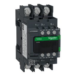 LC1D50A6KUE – IEC contactor, TeSys Deca Green, nonreversing, 50A, 40HP at 480VAC, 3 phase, 3 pole, 3 NO, 100/250VAC/VDC coil, open style