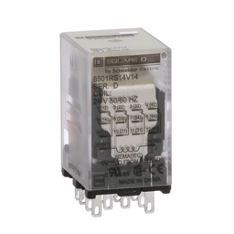 8501RS14V14 – Plug in relay, Type R, miniature, 0.5 HP at 277 VAC, 8A resistive at 120 VAC, 14 blade, 4PDT, 4 NO, 4 NC, 24 VAC coil