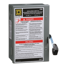 L111N – Safety switch, light duty, fusible, 30A, 2 wire, 1 pole, 1 neutral, 120VAC, Type 1
