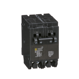 HOMT2020240 – Tandem circuit breaker, Homeline, 2 x 1 pole at 20A, 1 x 2 pole at 40A, 120/240VAC, 10kA AIR, plug in, UL