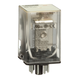 8501KPDR12V51 – Plug in relay, Type KP, tubular, 1 HP at 277 VAC, 10A resistive at 120 VAC, 8 pin, DPDT, 2 NO, 2 NC, 12 VDC coil