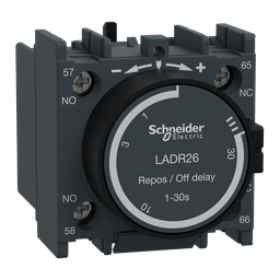 LADR26 – Time delay auxiliary contact block, TeSys Deca, 1NO   1NC, off delay 1-30s, front, lugs-ring terminals