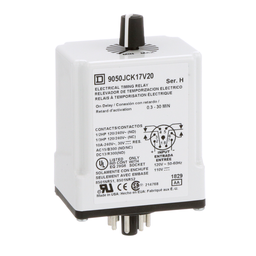 9050JCK17V20 – Timing Relay, Type JCK, plug In, on delay, adjustable time, 0.3 to 30 minutes, 10A, 240 VAC, 120 VAC/110 VDC