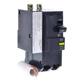 QOB220GFI1200 – Mini circuit breaker, QO, 20A, 2 pole, 120/240VAC, 10kA, bolt on, 6mA grd fault A, pigtail, aux switch 1A