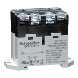 725AXXSC3ML-12D – Power relay, SE Relays, 30A, 1NO, 12VDC, LED push button, screw terminals, DIN or panel mount