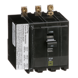 QOB3201021 – Mini circuit breaker, QO, 20A, 3 pole, 120/240VAC, 10kA, bolt on, AC shunt