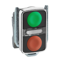 ZB4BW7A3740 – Illuminated double headed push button head, Harmony XB4, metal, 22mm, 1 green fLush 1 pilot light 1 red flush, unmarked