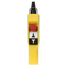 XACA2073 – Pendant control station, Harmony XAC, plastic, yellow, pistol grip, 2 push buttons with 2NO, 1 emergency stop NC