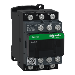 LC1D186BLS207 – IEC contactor, TeSys D, nonreversing, 18A, 10HP at 480VAC, 3 phase, 3 pole, 3 NO, low consumption 24VDC coil, open style