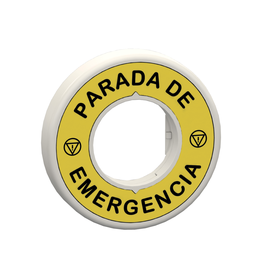 ZBY9W2B430 – Illuminated marked legend ring, Harmony XB5, 60mm, plastic, yellow, red fixed integral LED, marked PARADA DE EMERGENCIA, 24V AC DC