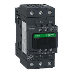 LC1D50AGD – IEC contactor, TeSys Deca, nonreversing, 50A, 40HP at 480VAC, up to 100kA SCCR, 3 phase, 3 NO, 125VDC coil, open style