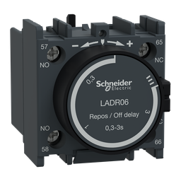 LADR06 – Time delay auxiliary contact block, TeSys Deca, 1NO   1NC, off delay 0.3-3s, front, lugs-ring terminals
