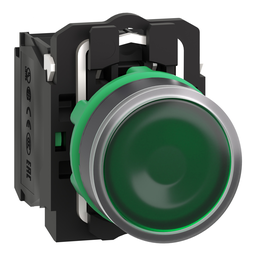 XB5AW33B3 – Illuminated push button, Harmony XB5, plastic, green flush, 22mm, universal LED, plain lens, 2NO, 24V AC DC
