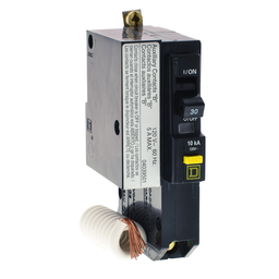 QOB130GFI1200 – Mini circuit breaker, QO, 30A, 1 pole, 120VAC, 10kA, bolt on, 6mA grd fault A, pigtail, aux switch 1A