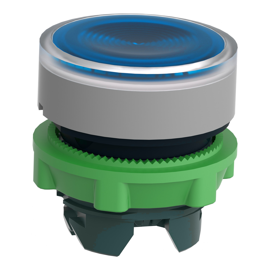 Mayer-DDS-Head for illuminated push button, Harmony XB5, grey bezel, blue flush, 22mm, universal LED, spring return, grooved lens-2