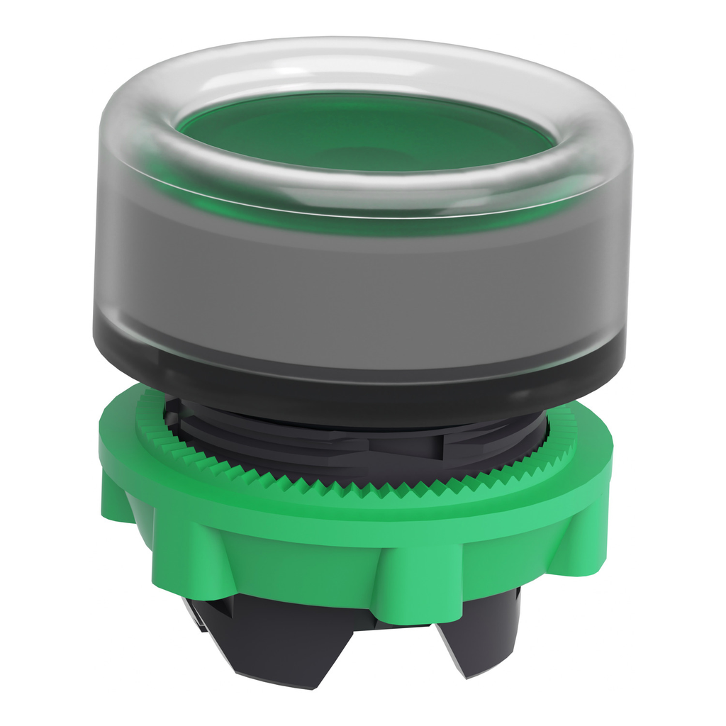 Mayer-DDS-Head for illuminated push button, Harmony XB5, grey bezel, green flush, 22mm, universal LED, plain lens, clear boot-2