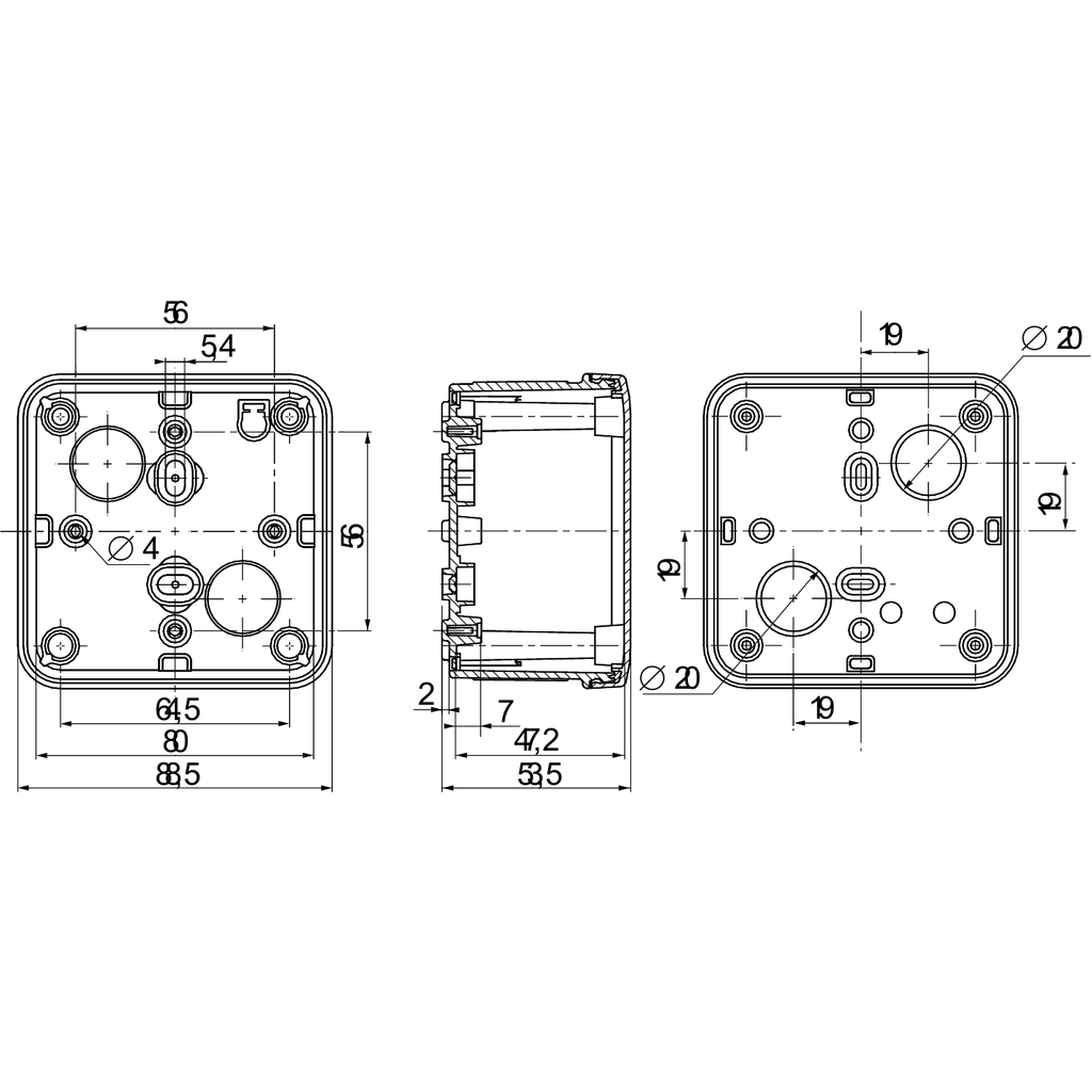 Mayer-DDS-ABS industrial box, PanelSeT TBS, 89x54x89mm, int. 80x47x80mm, low plain cover, IP66, IK07, RAL 7035-2