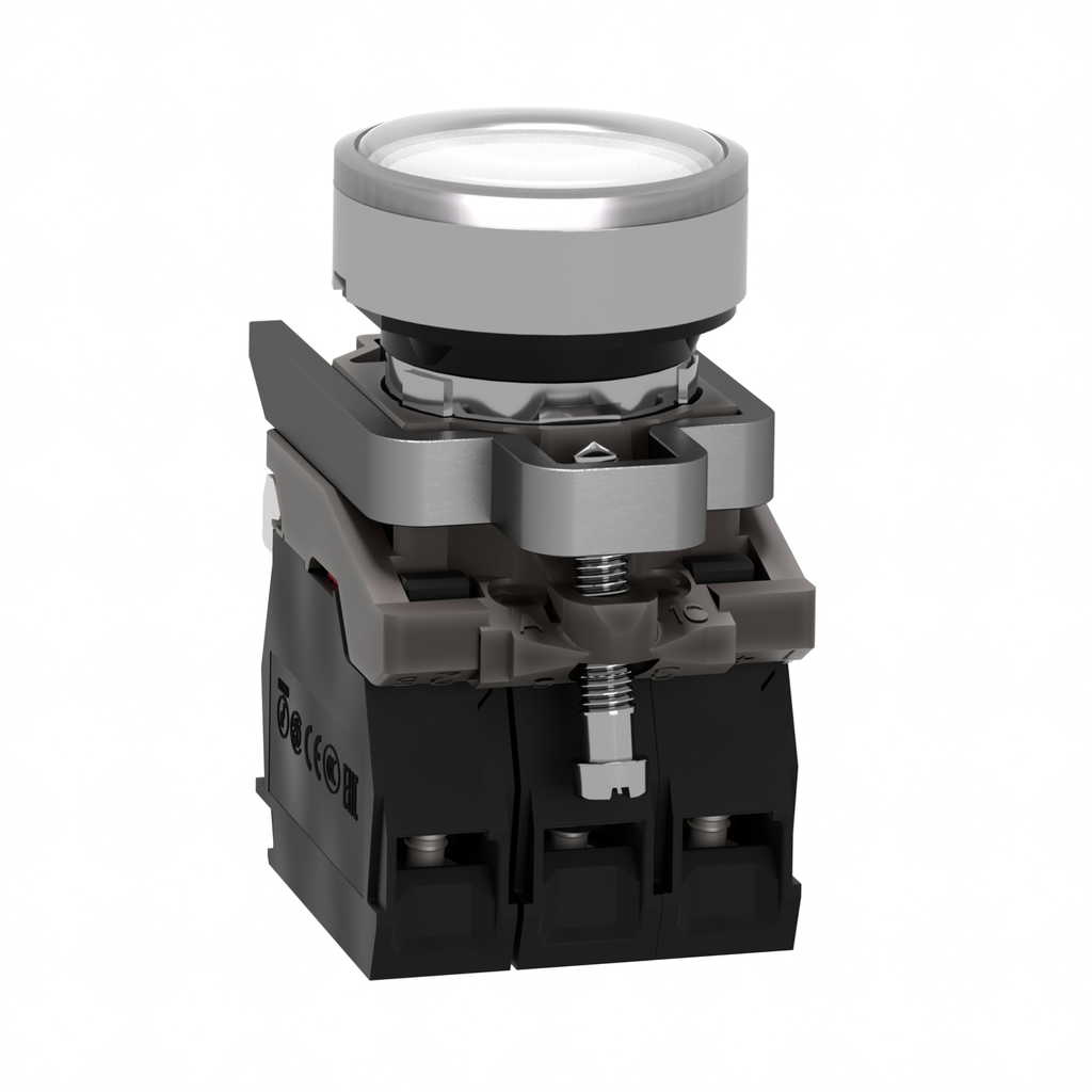 Mayer-DDS-Illuminated push button, Harmony XB4, metal, white flush, 22mm, universal LED, plain lens, 1NO + 1NC, 24V AC DC-2