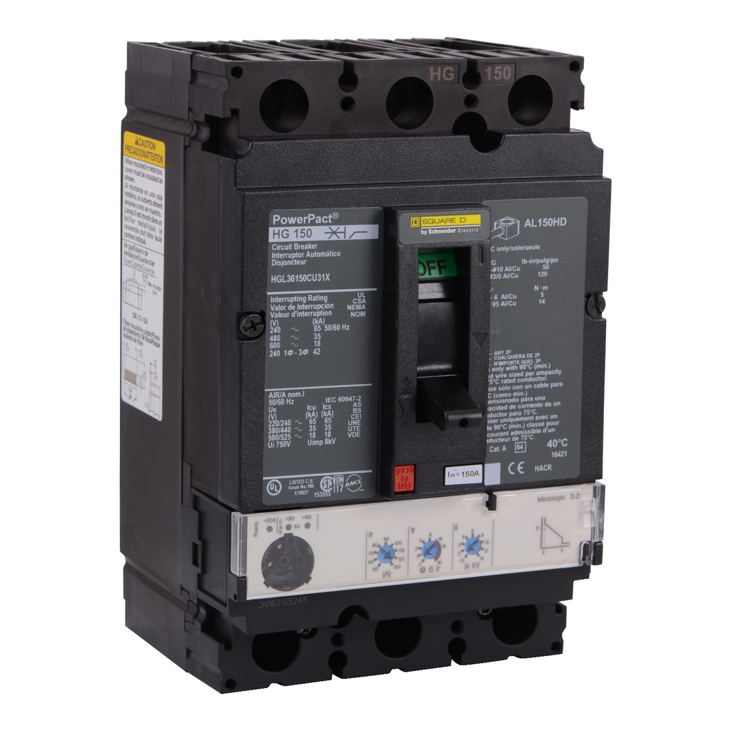 Mayer-DDS-Circuit breaker, PowerPacT H, 150A, 3 pole, 600VAC, 18kA, lugs, Micrologic 3.2, 100%-1
