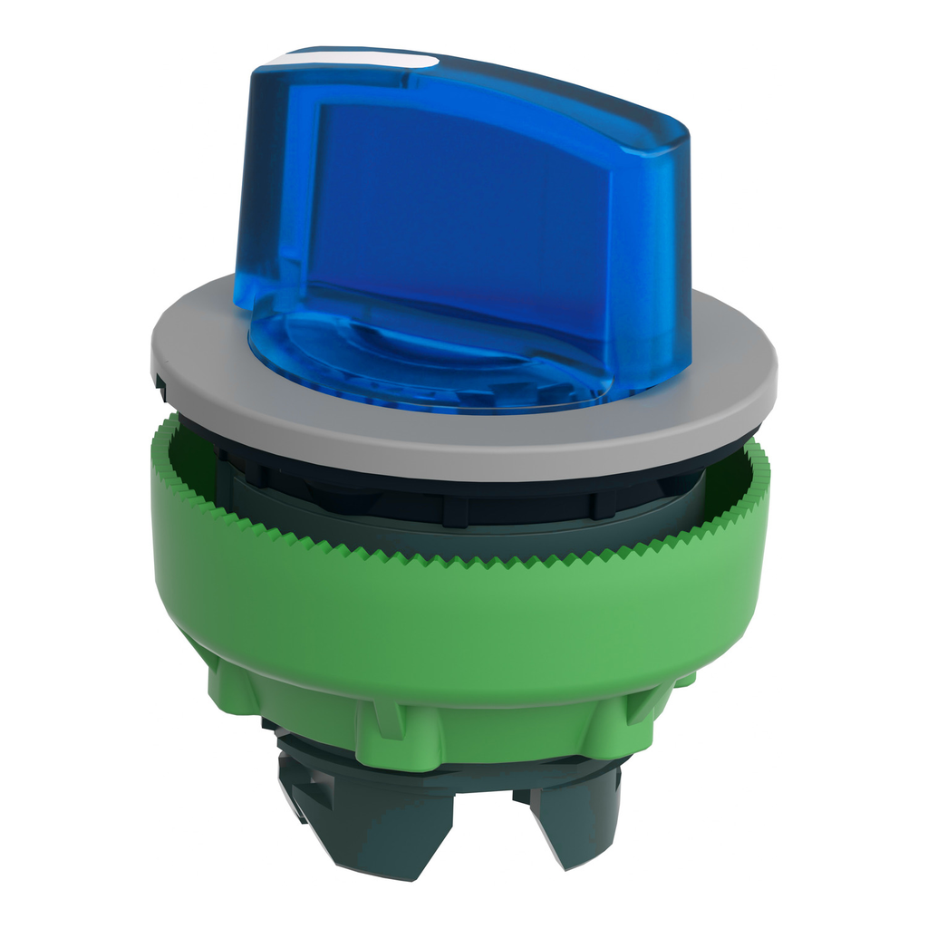 Mayer-DDS-Head for illuminated selector switch, Harmony XB5, grey bezel, blue handle, flush mounted, 30mm, universal LED, 2 positions-2