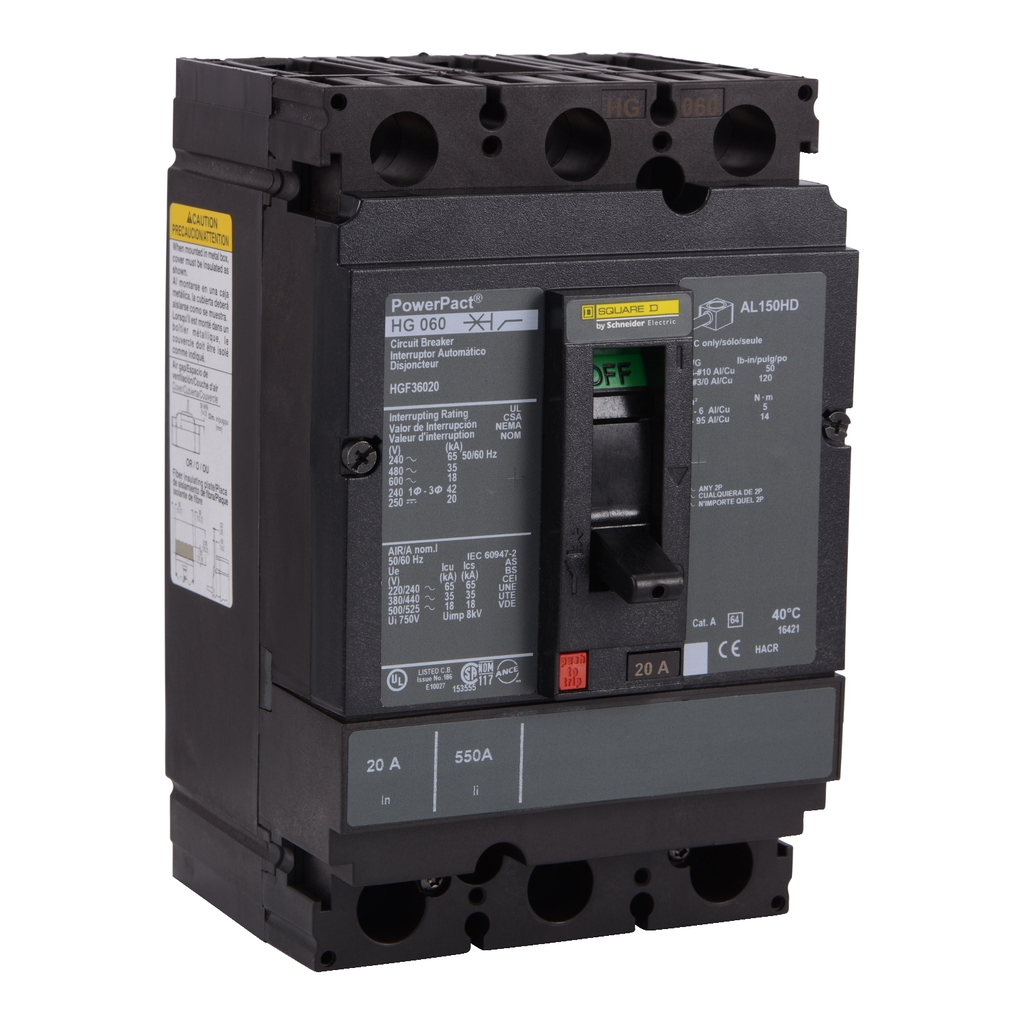 Mayer-DDS-Circuit breaker, PowerPacT H, 125A, 3 pole, 600VAC, 18kA, busbar, thermal magnetic, 80%-1