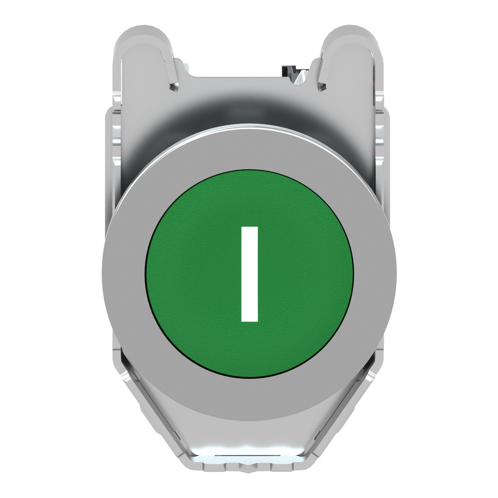 Mayer-DDS-Push button flush mounted, Harmony XB4, metal, green, 30mm, spring return, marked I, 1NO-2