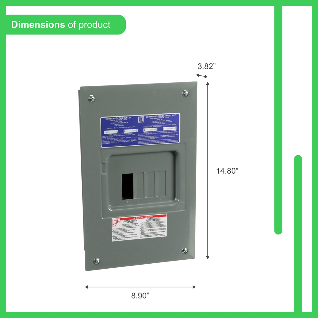 Mayer-DDS-Load center, Homeline, 1 phase, 4 spaces, 8 circuits, 125A fixed main lugs, NEMA1, gnd bar, combo cover-2