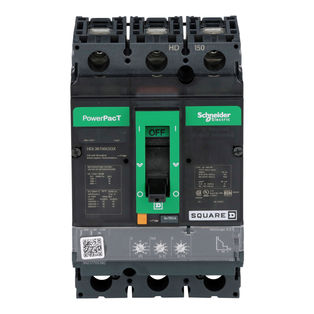 Mayer-DDS-Circuit breaker, PowerPacT H, 150A, 3 pole, 600VAC, 14kA, lugs, Micrologic 3.2S, 80%-2