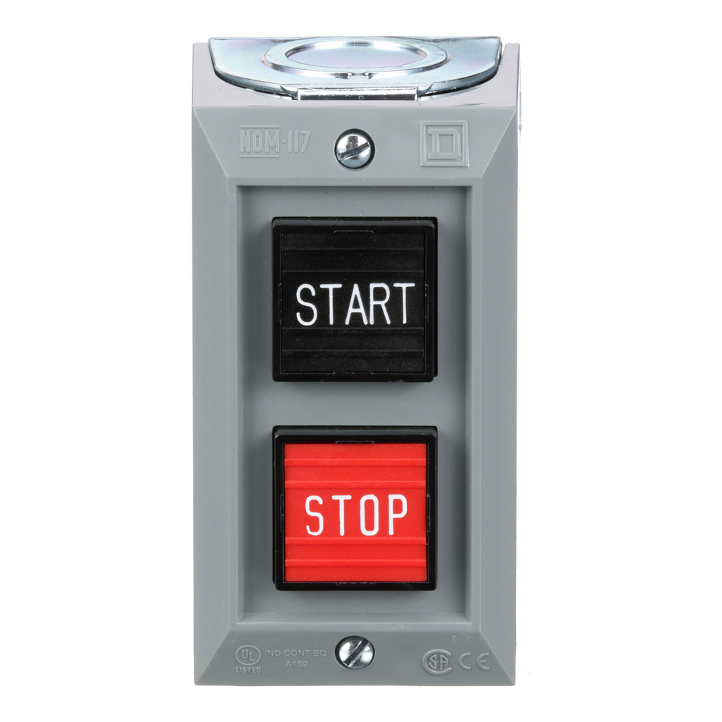 Mayer-DDS-Complete control station, Harmony 9001B, 2 push buttons START/STOP, 5A, 600V AC, 1NO + 1NC, NEMA 1-2
