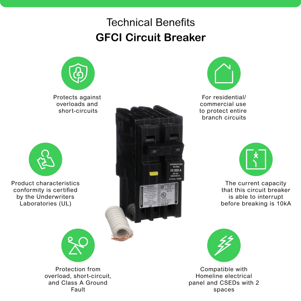 Mayer-DDS-Mini circuit breaker, Homeline, 30A, 2 pole, 120/240VAC, 10kA AIR, ground fault class A, plug in, UL [TAA]-2