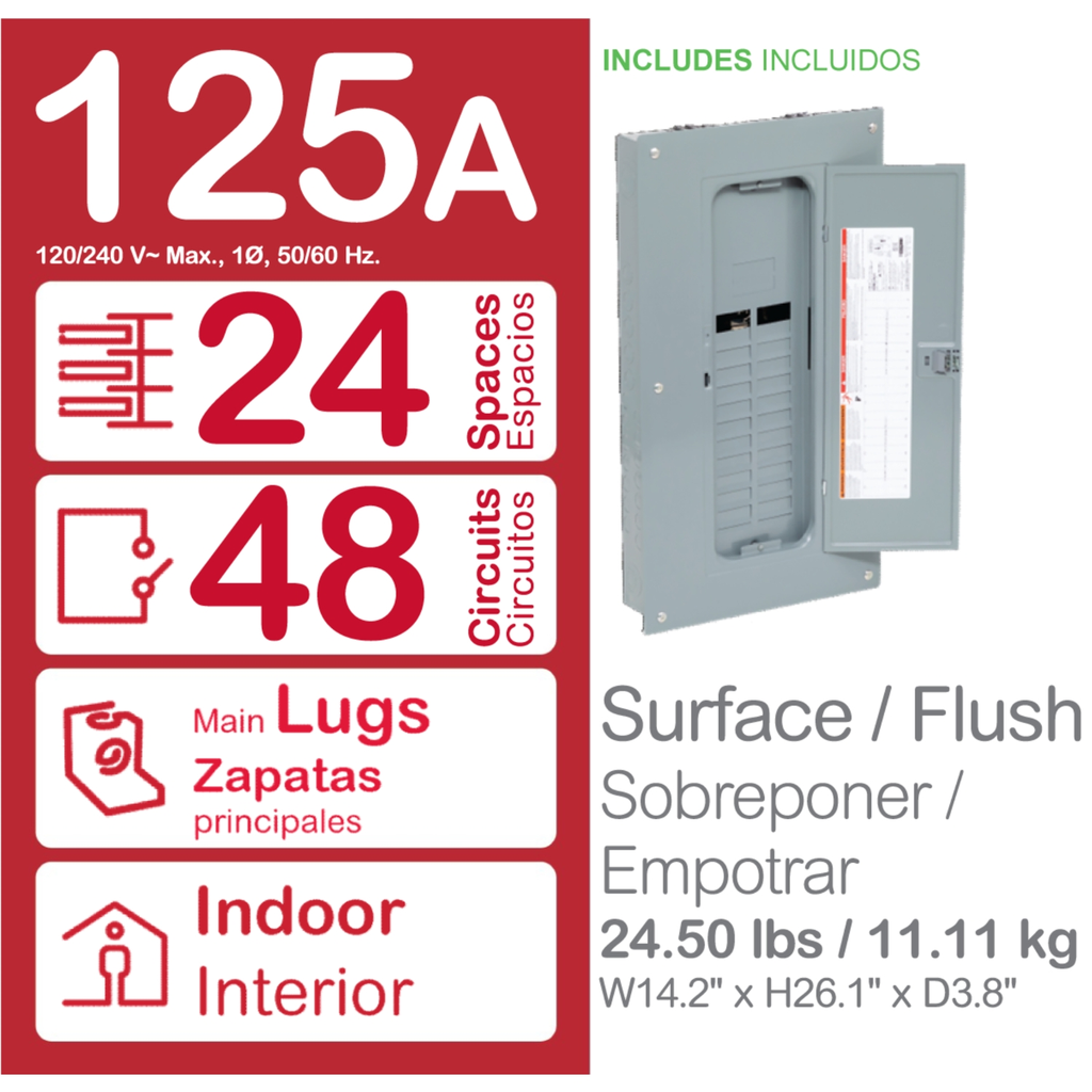 Mayer-DDS-Load center, Homeline, 1 phase, 24 spaces, 48 circuits, 125A convertible main lugs, PoN, NEMA1, Qwik-grip, gnd bar-2